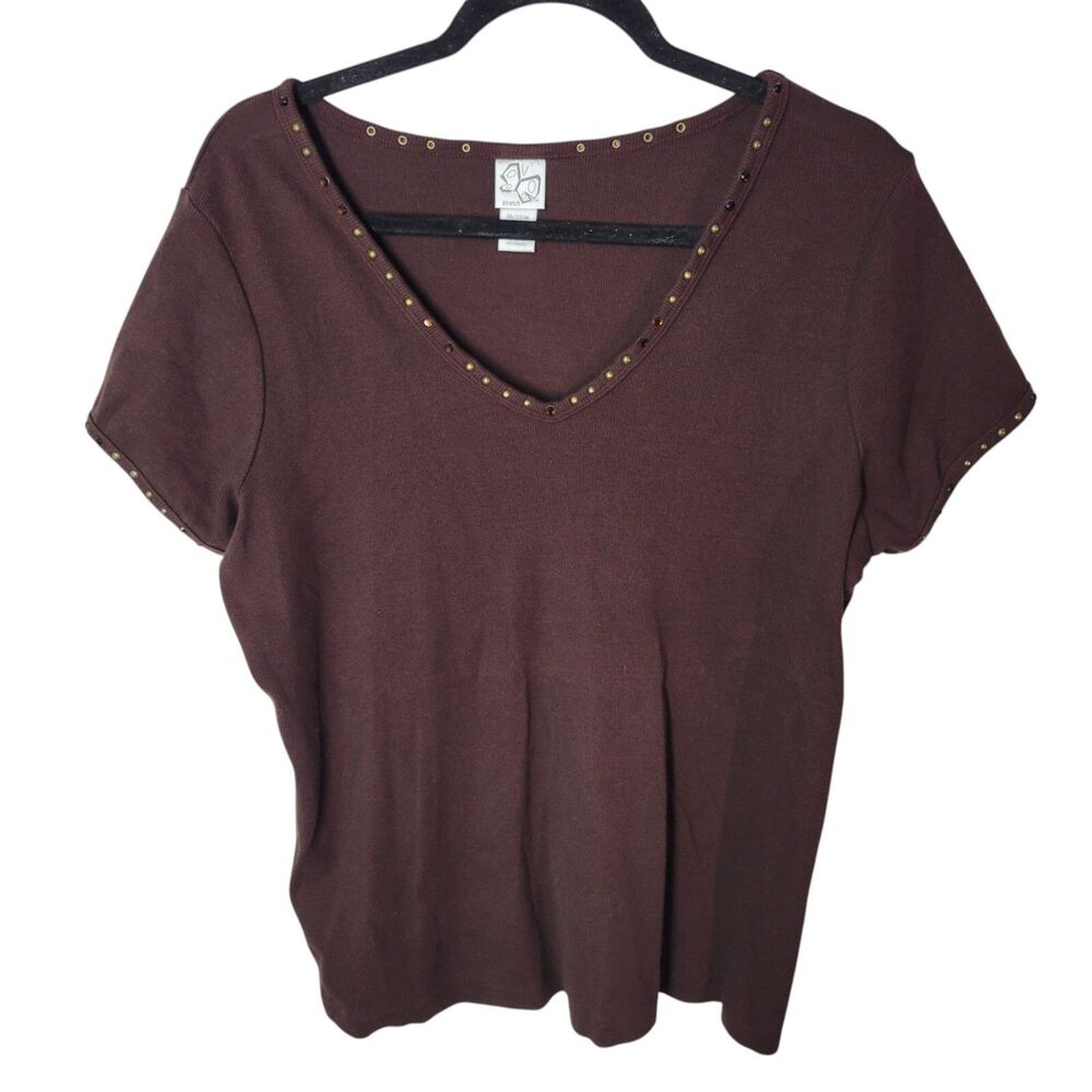 Butterfly Womens Sz 18/20W Brown Solid Short Sleeve Studded Ribbed Shirt